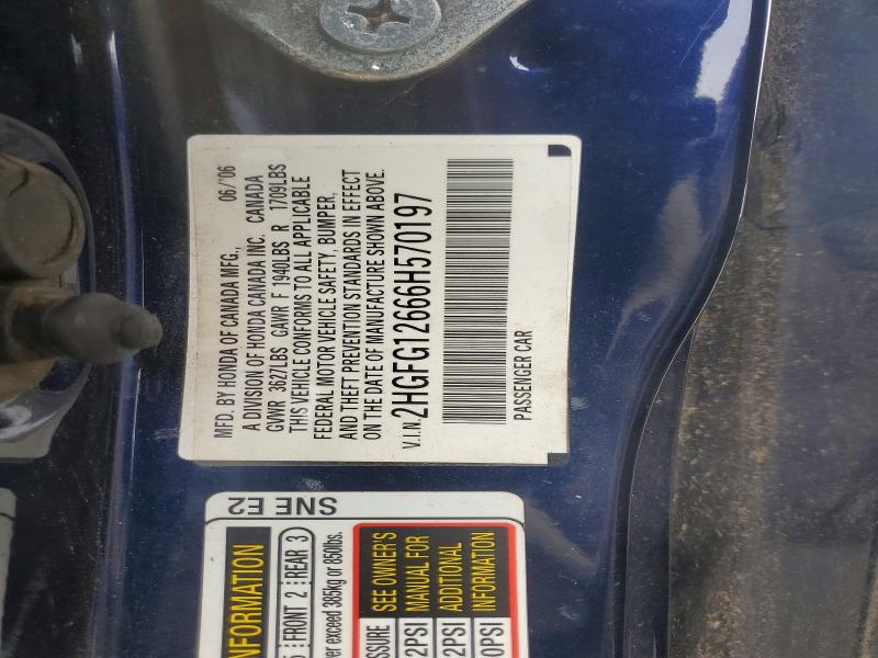 Продаж на аукціоні авто 2006 Honda Civic, vin: 2HGFG12666H570197, номер лоту: 58934656