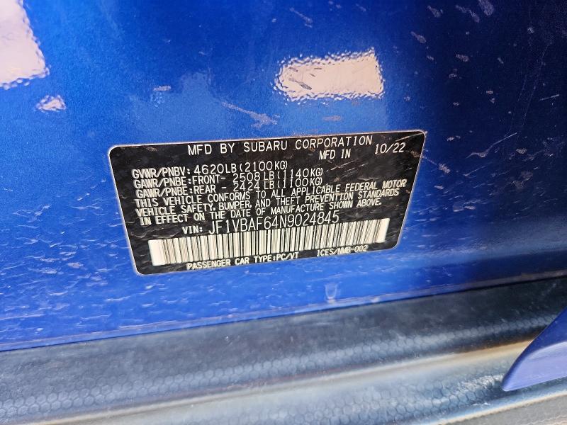 57196156 :رقم المزاد ، JF1VBAF64N9024845 vin ، 2022 Subaru Wrx مزاد بيع