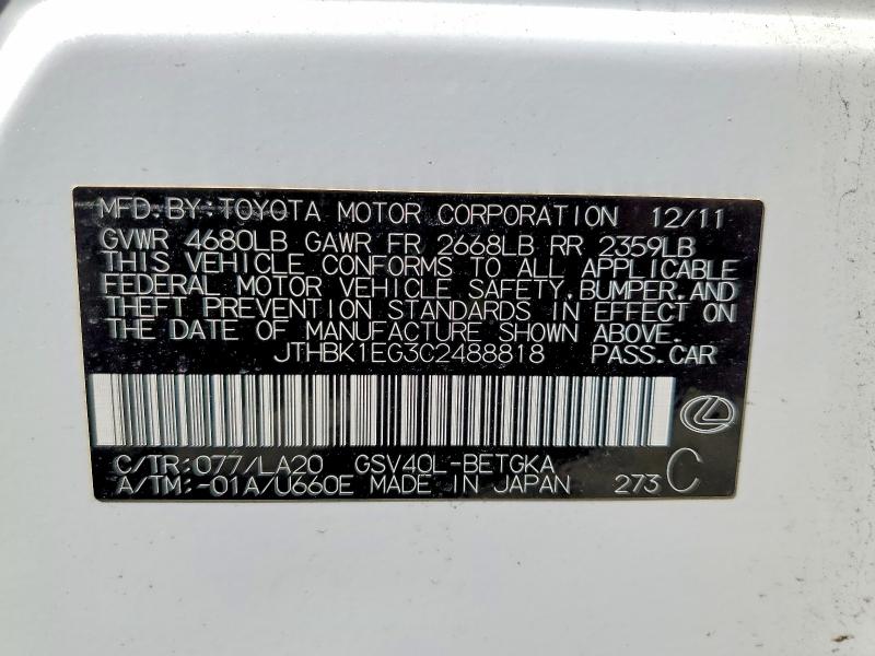 Aukcja sprzedaży 2012 Lexus Es, vin: JTHBK1EG3C2488818, numer aukcji: 55945206