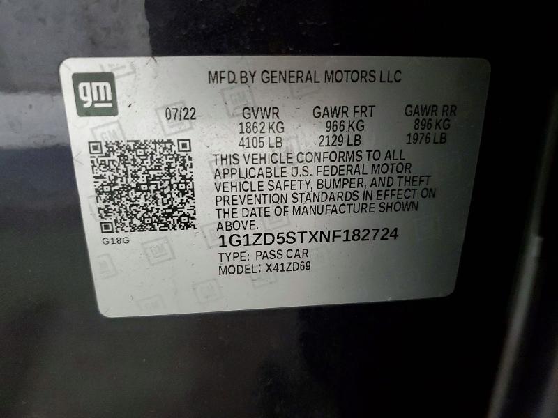 Aukcja sprzedaży 2022 Chevrolet Malibu, vin: 1G1ZD5STXNF182724, numer aukcji: 59199586