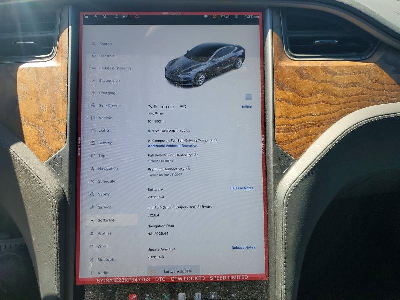 2019 Tesla Model S მანქანა იყიდება აუქციონზე, vin: 5YJSA1E23KF347753, აუქციონის ნომერი: 56493556