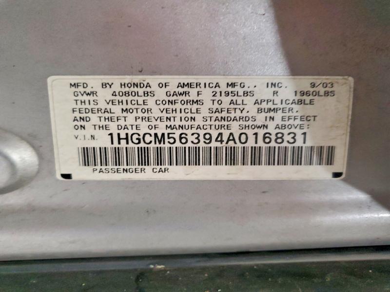 Aukcja sprzedaży 2004 Honda Accord, vin: 1HGCM56394A016831, numer aukcji: 56815566