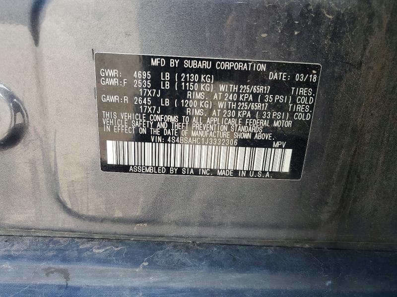 2018 Subaru Outback მანქანა იყიდება აუქციონზე, vin: 4S4BSAHC1J3332306, აუქციონის ნომერი: 57633646