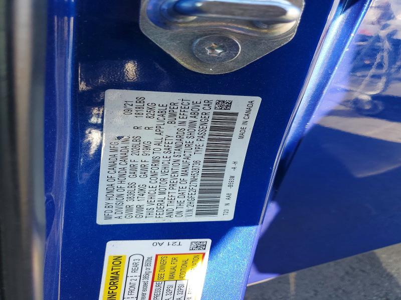 2022 Honda Civic მანქანა იყიდება აუქციონზე, vin: 2HGFE2F27NH528736, აუქციონის ნომერი: 56835716