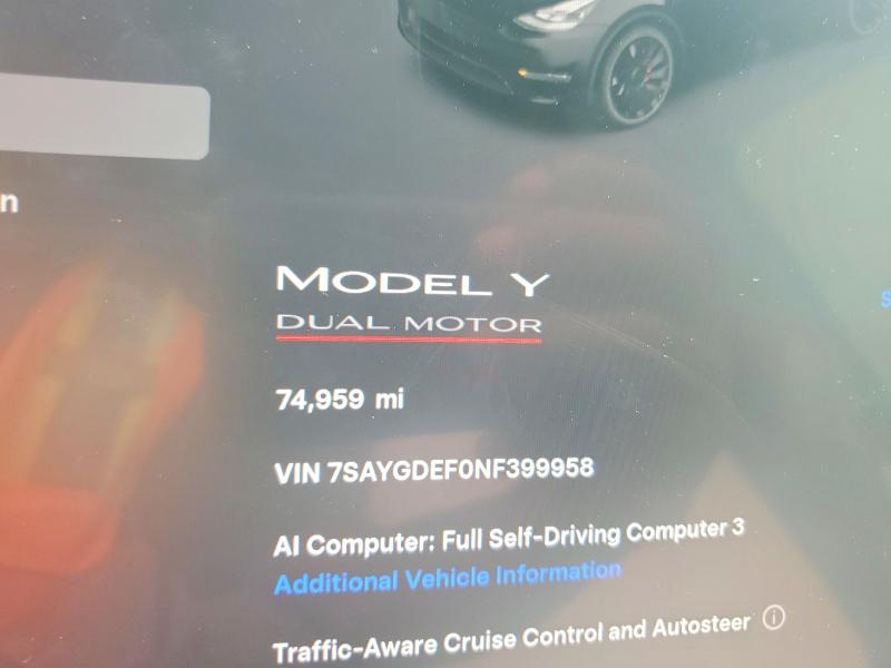 2022 Tesla Model Y მანქანა იყიდება აუქციონზე, vin: 7SAYGDEF0NF399958, აუქციონის ნომერი: 55600906