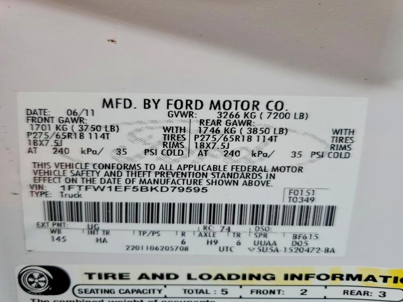 55470386 :رقم المزاد ، 1FTFW1EF5BKD79595 vin ، 2011 Ford F150 مزاد بيع
