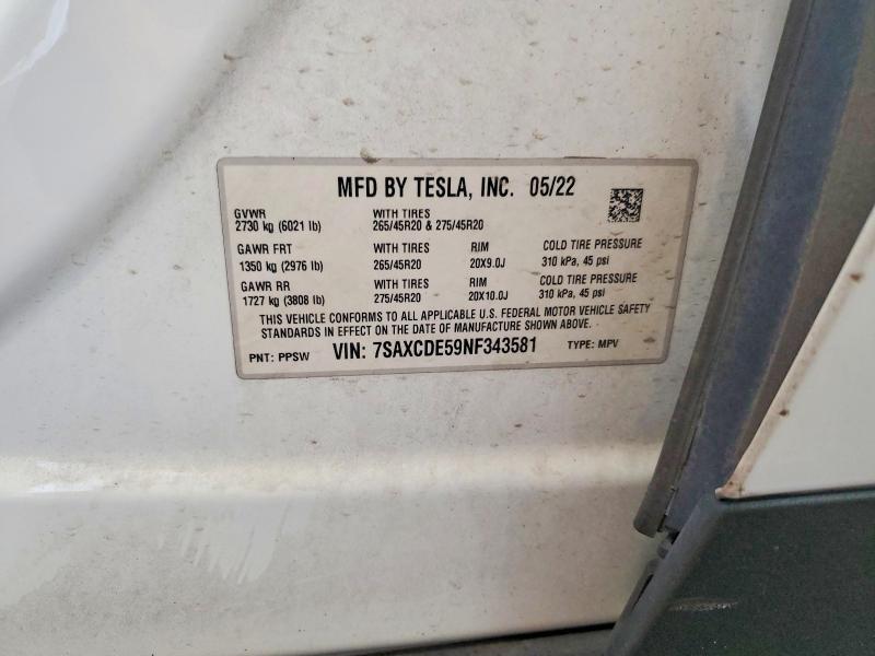 2022 Tesla Model X მანქანა იყიდება აუქციონზე, vin: 7SAXCDE59NF343581, აუქციონის ნომერი: 56545636