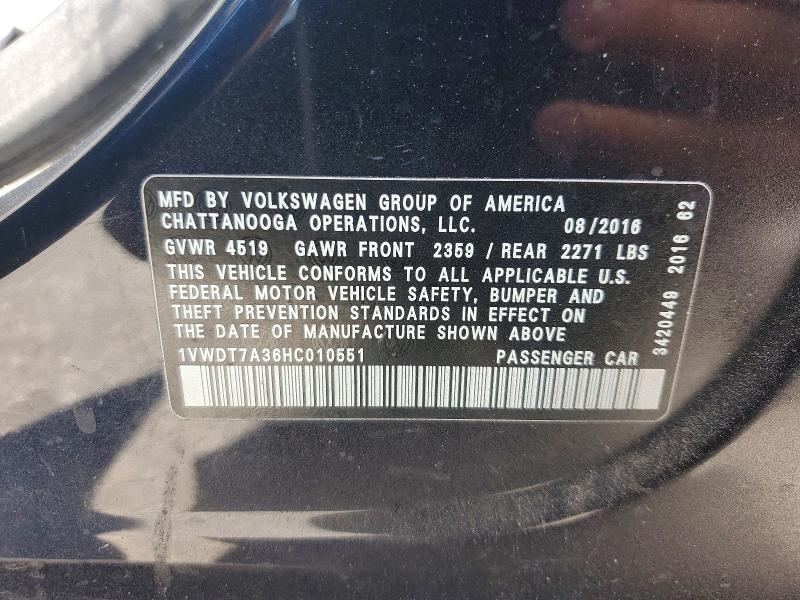 Aukcja sprzedaży 2017 Volkswagen Passat, vin: 1VWDT7A36HC010551, numer aukcji: 58508926