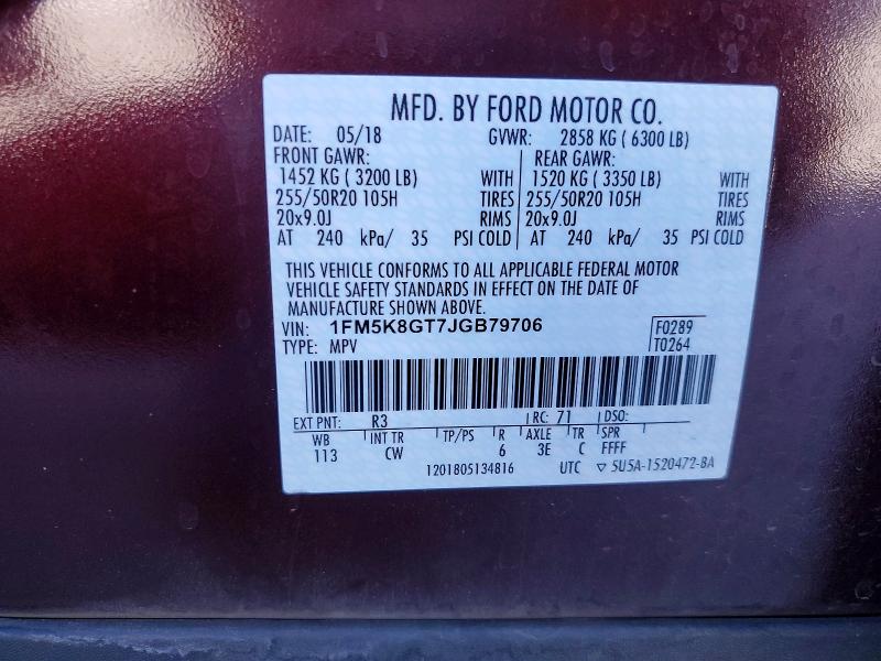 56538956 :رقم المزاد ، 1FM5K8GT7JGB79706 vin ، 2018 Ford Explorer مزاد بيع