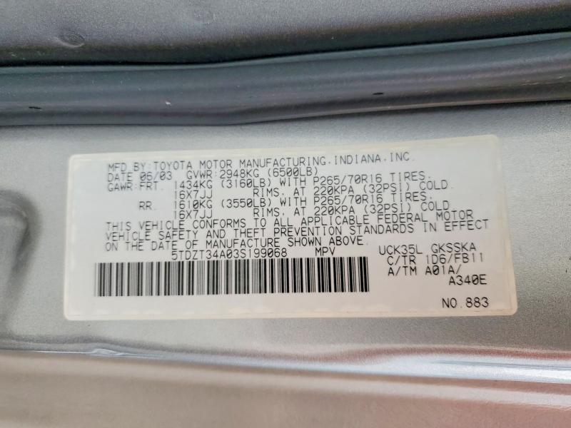 57592516 :رقم المزاد ، 5TDZT34A03S199068 vin ، 2003 Toyota Sequoia مزاد بيع