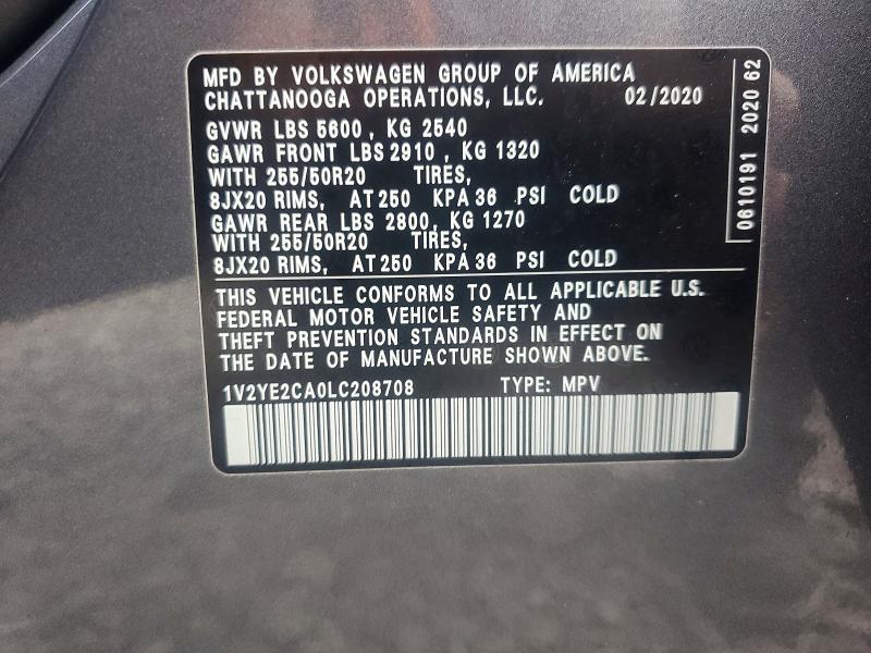56254816 :رقم المزاد ، 1V2YE2CA0LC208708 vin ، 2020 Volkswagen Atlas Cross Sport مزاد بيع