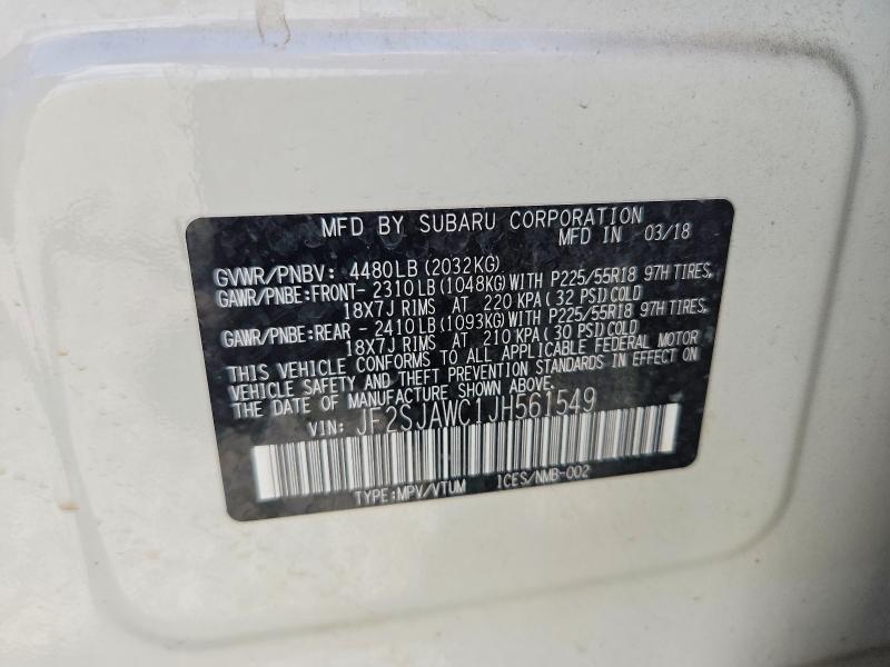 2018 Subaru Forester მანქანა იყიდება აუქციონზე, vin: JF2SJAWC1JH561549, აუქციონის ნომერი: 58996916