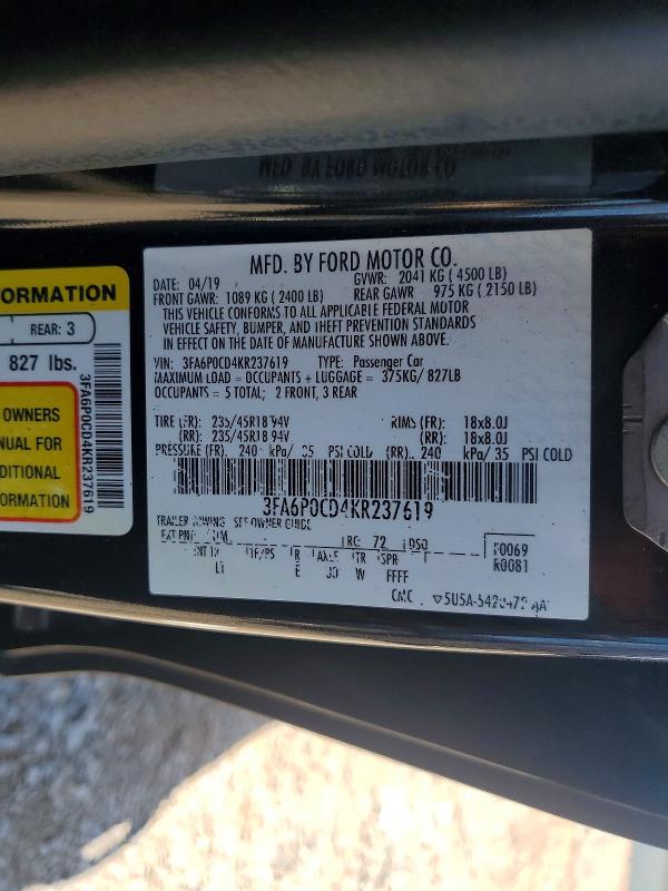 Aukcja sprzedaży 2019 Ford Fusion, vin: 3FA6P0CD4KR237619, numer aukcji: 57486516