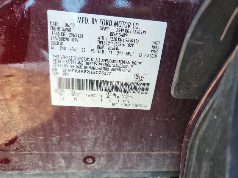 58419586 :رقم المزاد ، 2FMPK4K82HBC25237 vin ، 2017 Ford Edge مزاد بيع