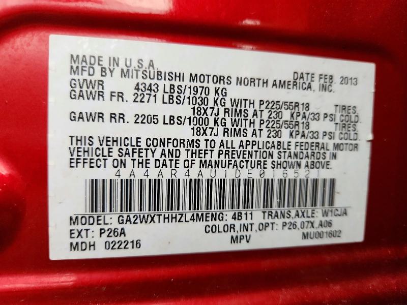 58757216 :رقم المزاد ، 4A4AR4AU1DE016521 vin ، 2013 Mitsubishi Outlander Sport مزاد بيع