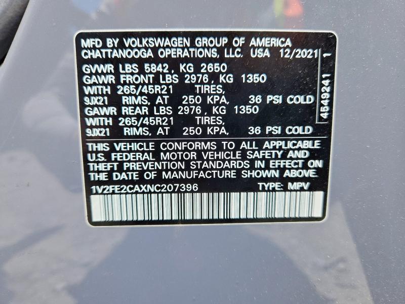 2022 Volkswagen Atlas Cross Sport მანქანა იყიდება აუქციონზე, vin: 1V2FE2CAXNC207396, აუქციონის ნომერი: 55852946
