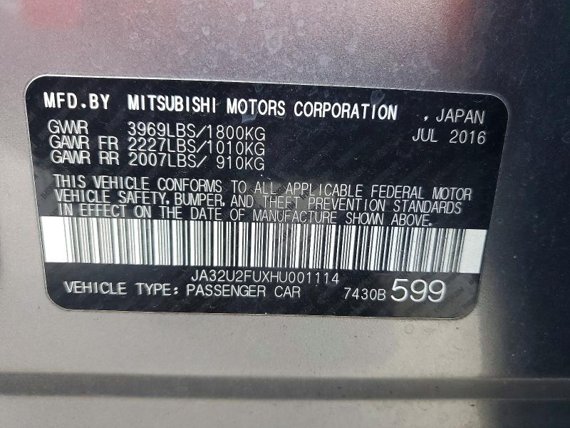 56249576 :رقم المزاد ، JA32U2FUXHU001114 vin ، 2017 Mitsubishi Lancer مزاد بيع