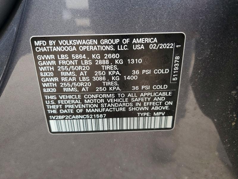 Aukcja sprzedaży 2022 Volkswagen Atlas, vin: 1V2BP2CA8NC521587, numer aukcji: 56814736