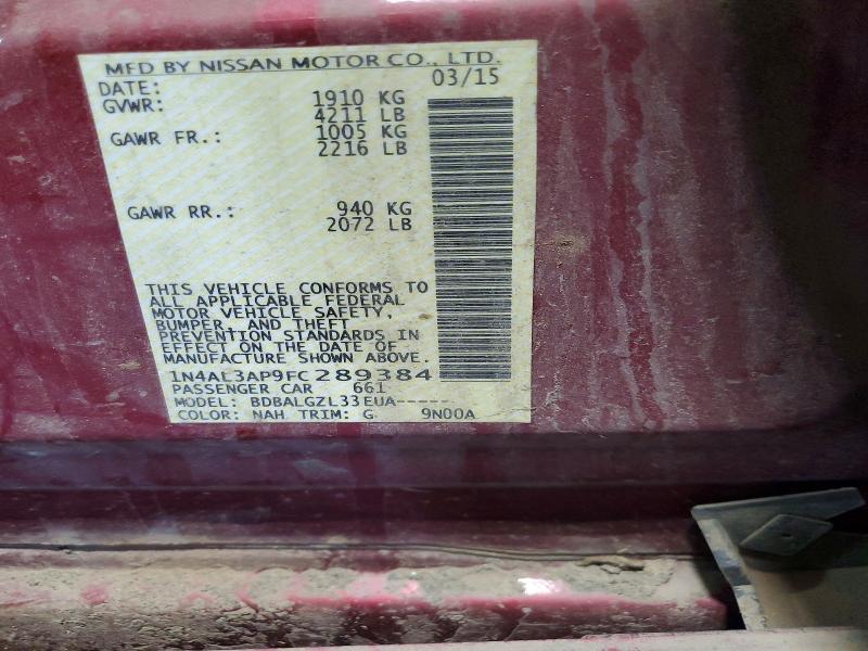 2015 Nissan Altima მანქანა იყიდება აუქციონზე, vin: 1N4AL3AP9FC289384, აუქციონის ნომერი: 57624996