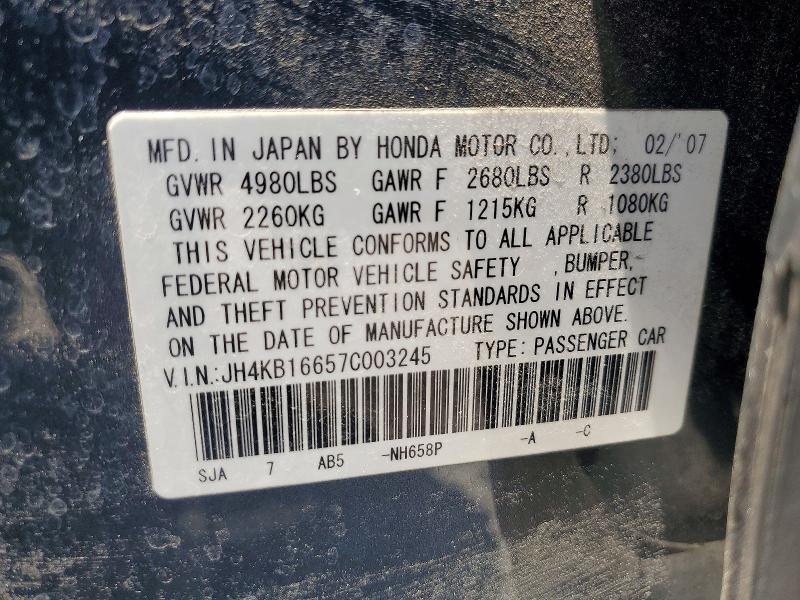 58041396 :رقم المزاد ، JH4KB16657C003245 vin ، 2007 Acura Rl مزاد بيع