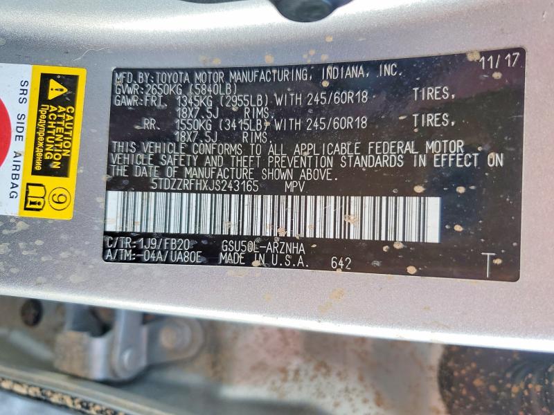 58429096 :رقم المزاد ، 5TDZZRFHXJS243165 vin ، 2018 Toyota Highlander مزاد بيع