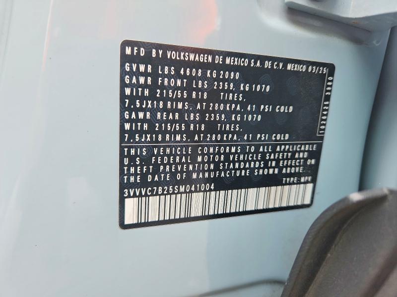 2025 Volkswagen Taos მანქანა იყიდება აუქციონზე, vin: 3VVVC7B25SM041004, აუქციონის ნომერი: 56452316