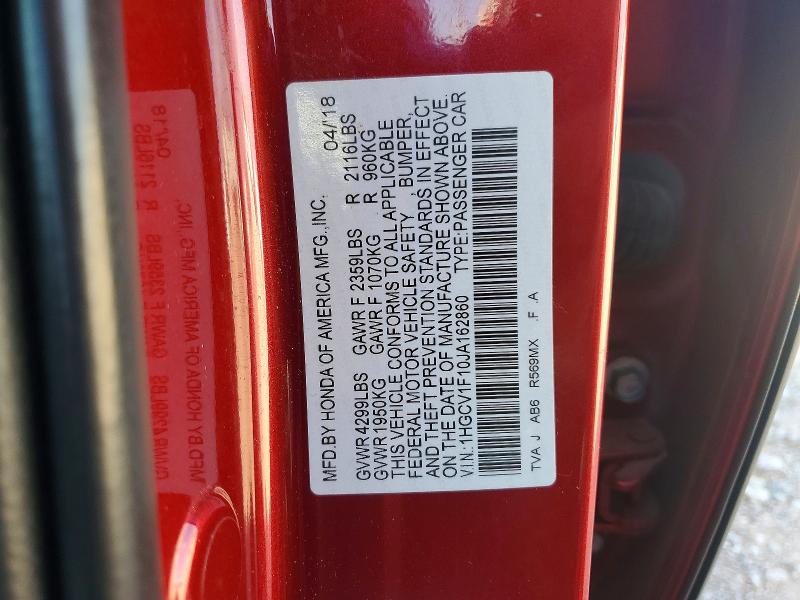 2018 Honda Accord მანქანა იყიდება აუქციონზე, vin: 1HGCV1F10JA162860, აუქციონის ნომერი: 57557426