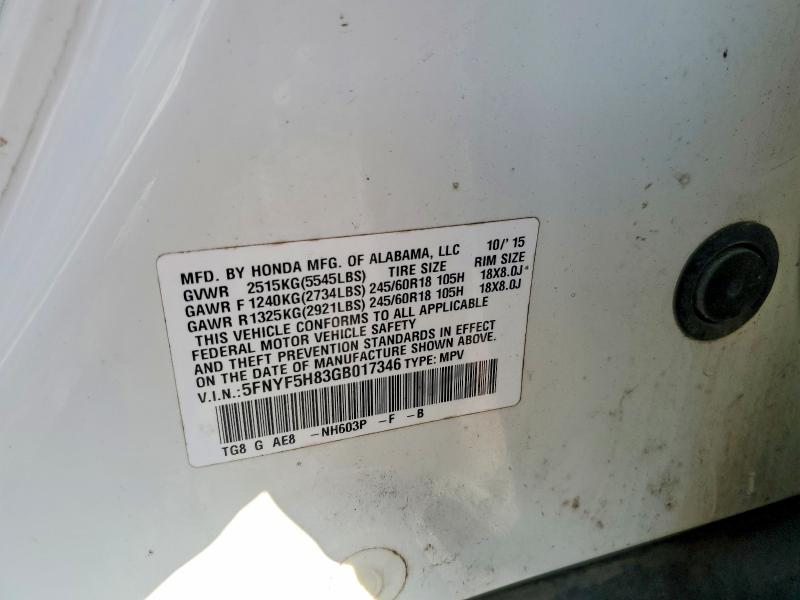56649966 :رقم المزاد ، 5FNYF5H83GB017346 vin ، 2016 Honda Pilot مزاد بيع