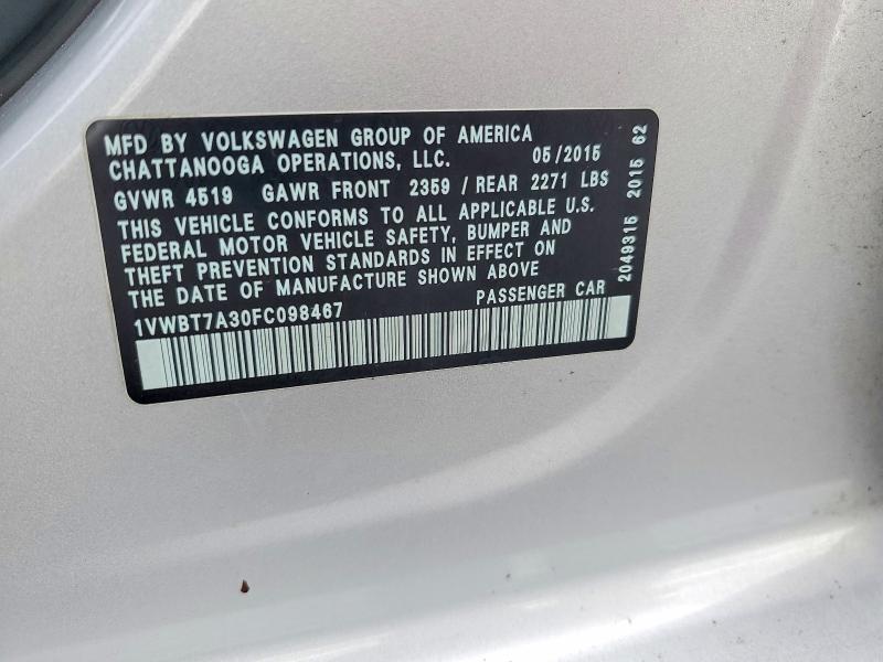 57700676 :رقم المزاد ، 1VWBT7A30FC098467 vin ، 2015 Volkswagen Passat مزاد بيع