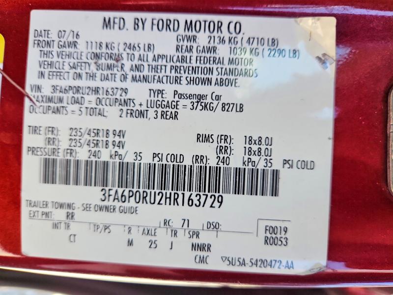 Продажа на аукционе авто 2017 Ford Fusion, vin: 3FA6P0RU2HR163729, номер лота: 59001256