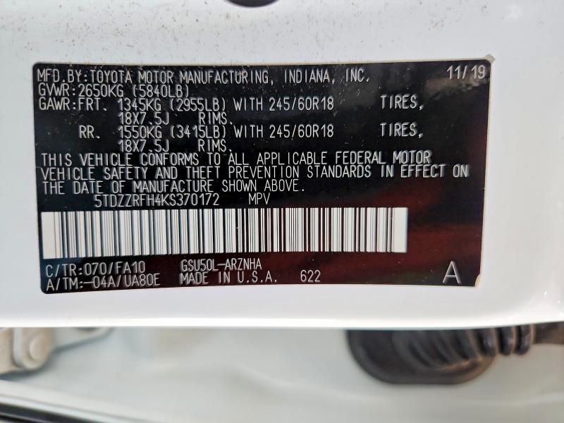 Auction sale of the 2019 Toyota Highlander, vin: 5TDZZRFH4KS370172, lot number: 59126496
