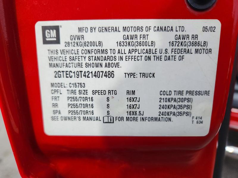 Aukcja sprzedaży 2002 Gmc New Sierra, vin: 2GTEC19T421407486, numer aukcji: 55979656