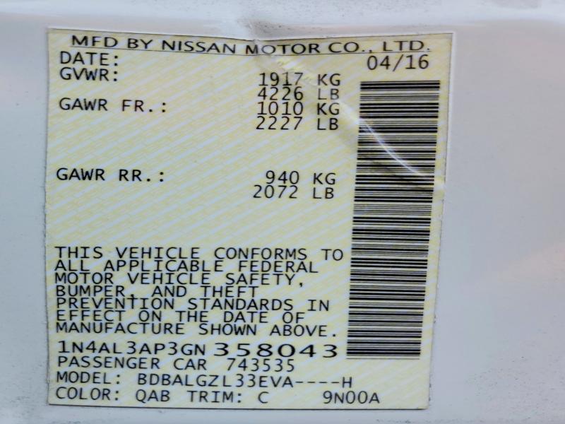 2016 Nissan Altima მანქანა იყიდება აუქციონზე, vin: 1N4AL3AP3GN358043, აუქციონის ნომერი: 58593566