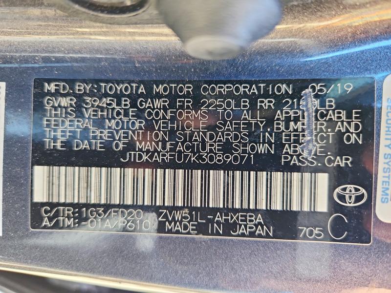 Продажа на аукционе авто 2019 Toyota Prius, vin: JTDKARFU7K3089071, номер лота: 56951026