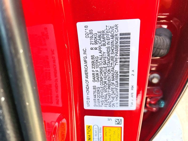 Продаж на аукціоні авто 2018 Honda Accord, vin: 1HGCV1F33JA109247, номер лоту: 57431356