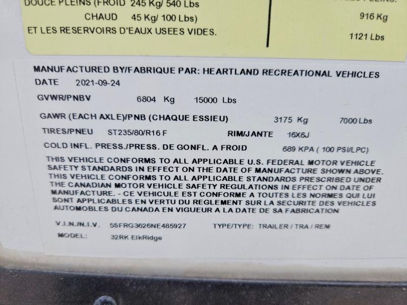 2022 Heartland Rv Elkridge Elkridge Express მანქანა იყიდება აუქციონზე, vin: 5SFRG3626NE485927, აუქციონის ნომერი: 56857556