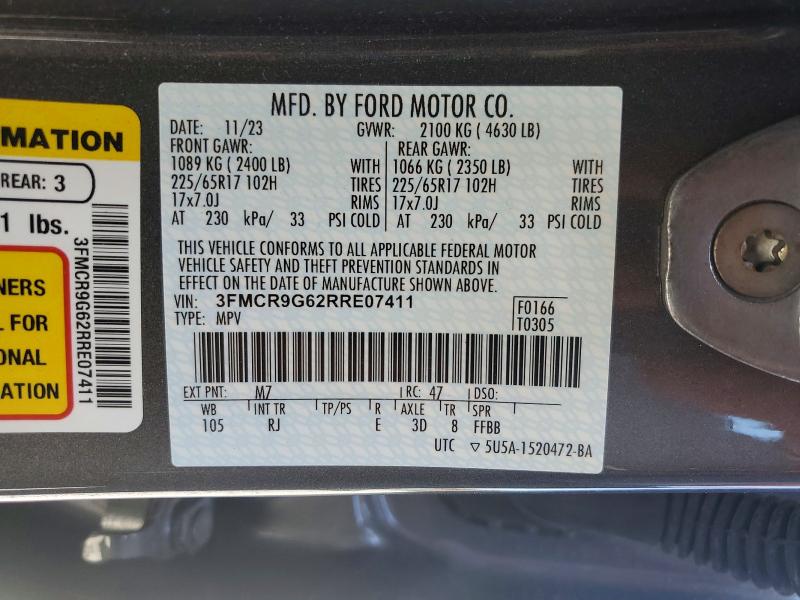 58836656 :رقم المزاد ، 3FMCR9G62RRE07411 vin ، 2024 Ford Bronco Sport مزاد بيع