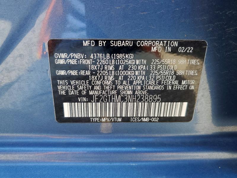 Aukcja sprzedaży 2022 Subaru Crosstrek, vin: JF2GTHMC3NH238895, numer aukcji: 55994956