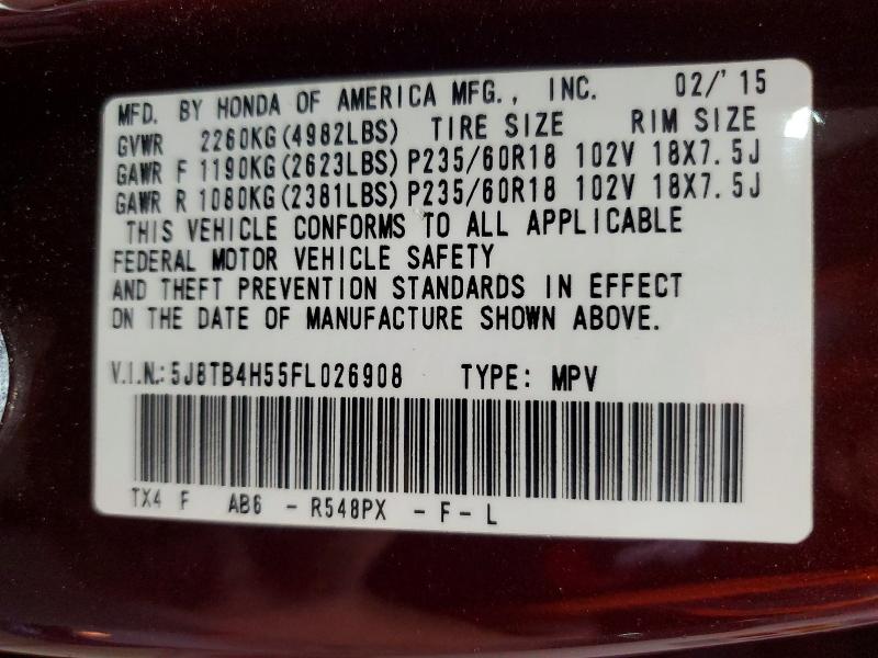 55082036 :رقم المزاد ، 5J8TB4H55FL026908 vin ، 2015 Acura Rdx مزاد بيع