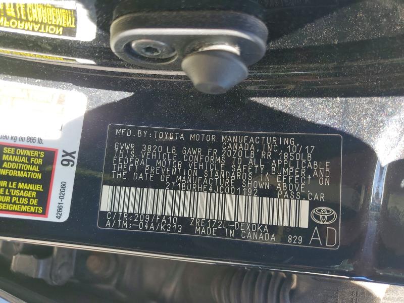 2018 Toyota Corolla მანქანა იყიდება აუქციონზე, vin: 2T1BURHE4JC001192, აუქციონის ნომერი: 57535286