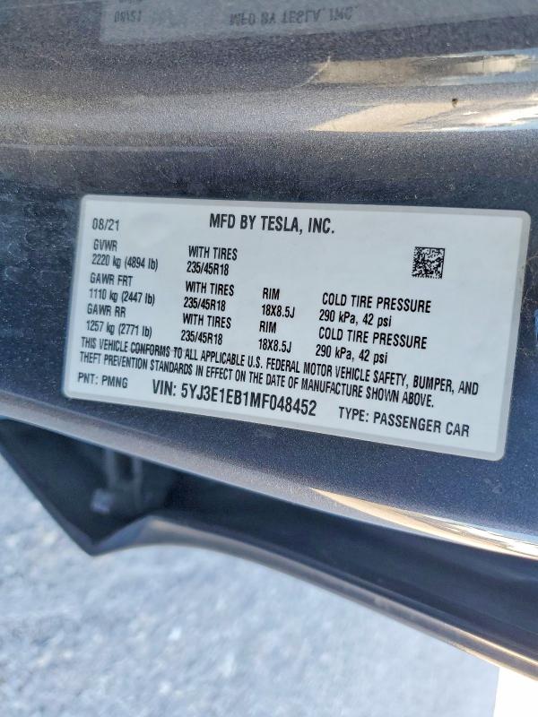Aukcja sprzedaży 2021 Tesla Model 3, vin: 5YJ3E1EB1MF048452, numer aukcji: 58153236