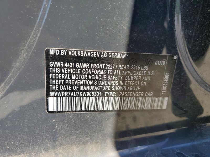 57892636 :رقم المزاد ، WVWPR7AU7KW908301 vin ، 2019 Volkswagen E-golf مزاد بيع