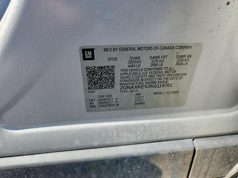 2019 Chevrolet Equinox მანქანა იყიდება აუქციონზე, vin: 2GNAXKEV2K6118701, აუქციონის ნომერი: 58534856