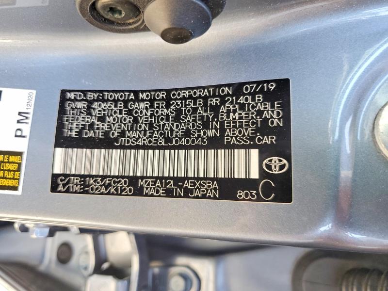 2020 Toyota Corolla მანქანა იყიდება აუქციონზე, vin: JTDS4RCE8LJ040043, აუქციონის ნომერი: 57237516