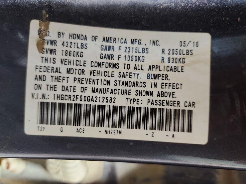 2016 Honda Accord მანქანა იყიდება აუქციონზე, vin: 1HGCR2F50GA212582, აუქციონის ნომერი: 58162556