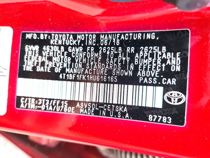 2017 Toyota Camry მანქანა იყიდება აუქციონზე, vin: 4T1BF1FK1HU616165, აუქციონის ნომერი: 55950536