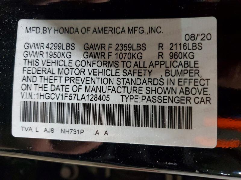 Aukcja sprzedaży 2020 Honda Accord, vin: 1HGCV1F57LA128405, numer aukcji: 56224416