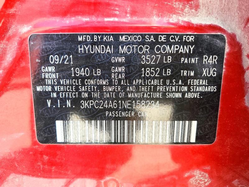 2022 Hyundai Accent მანქანა იყიდება აუქციონზე, vin: 3KPC24A61NE158234, აუქციონის ნომერი: 57900856
