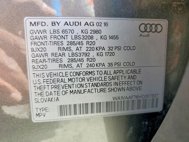 Aukcja sprzedaży 2017 Audi Q7, vin: WA1VAAF76HD007837, numer aukcji: 55817426