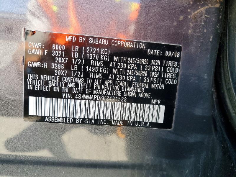 Продажа на аукционе авто 2019 Subaru Ascent, vin: 4S4WMAPD8K3421538, номер лота: 58087676